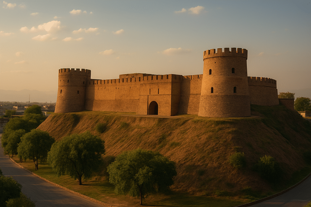 Bala Hisar Fort in Peshawar during sunset – historic landmark featured on NEOM Rent a Car Peshawar page.