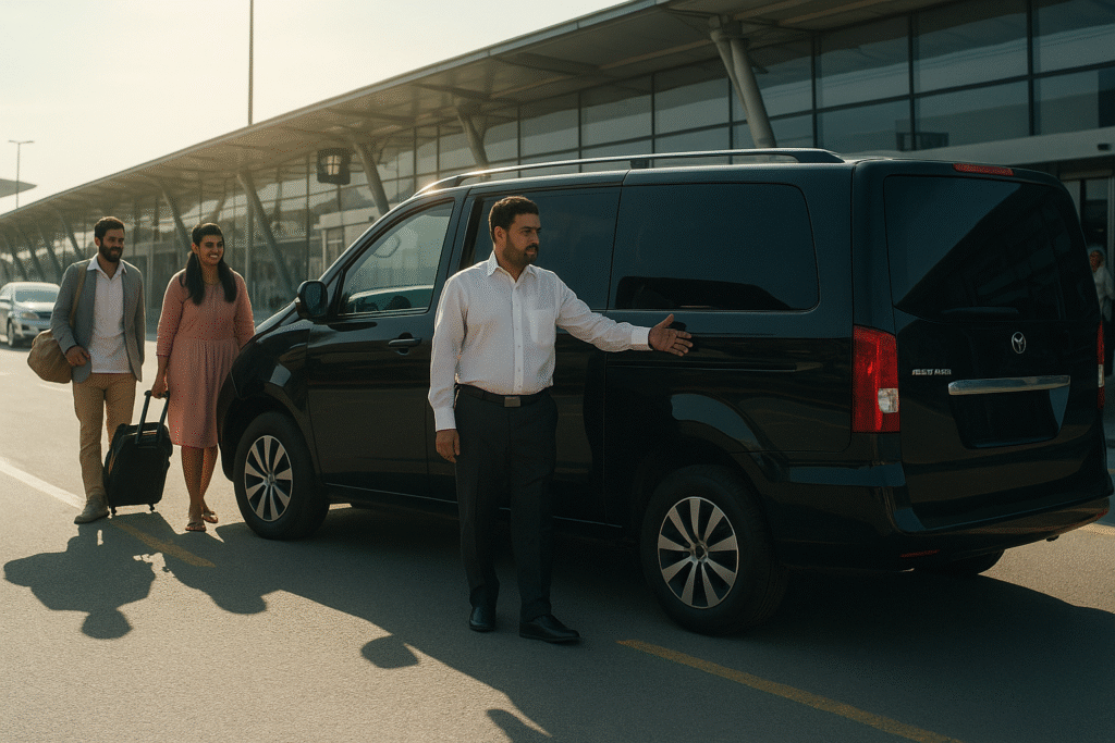 Pakistani chauffeur with Neom Rent a Car van offering airport pick and drop services, welcoming passengers outside a modern airport terminal in Pakistan.