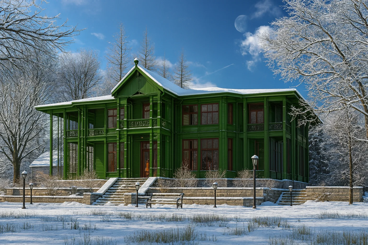 Green building in a snowy landscape Quetta representing NEOM Rent a Car offices, showcasing professional car rental services in Pakistan.