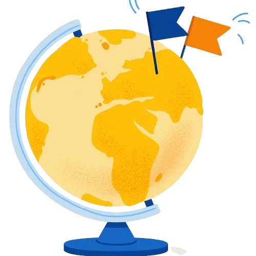 Illustration of a globe with flags marking destinations, representing international travel and global reach about Neom Rent a Car.