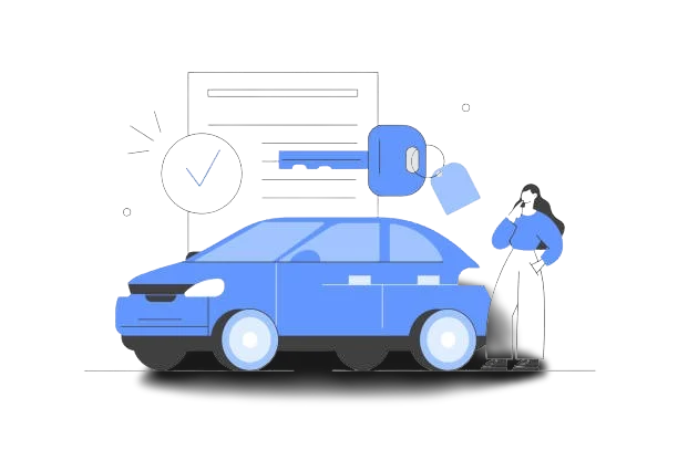 Illustration of a car, key, and customer representing easy booking – contact NEOM Rent a Car for professional rental services.